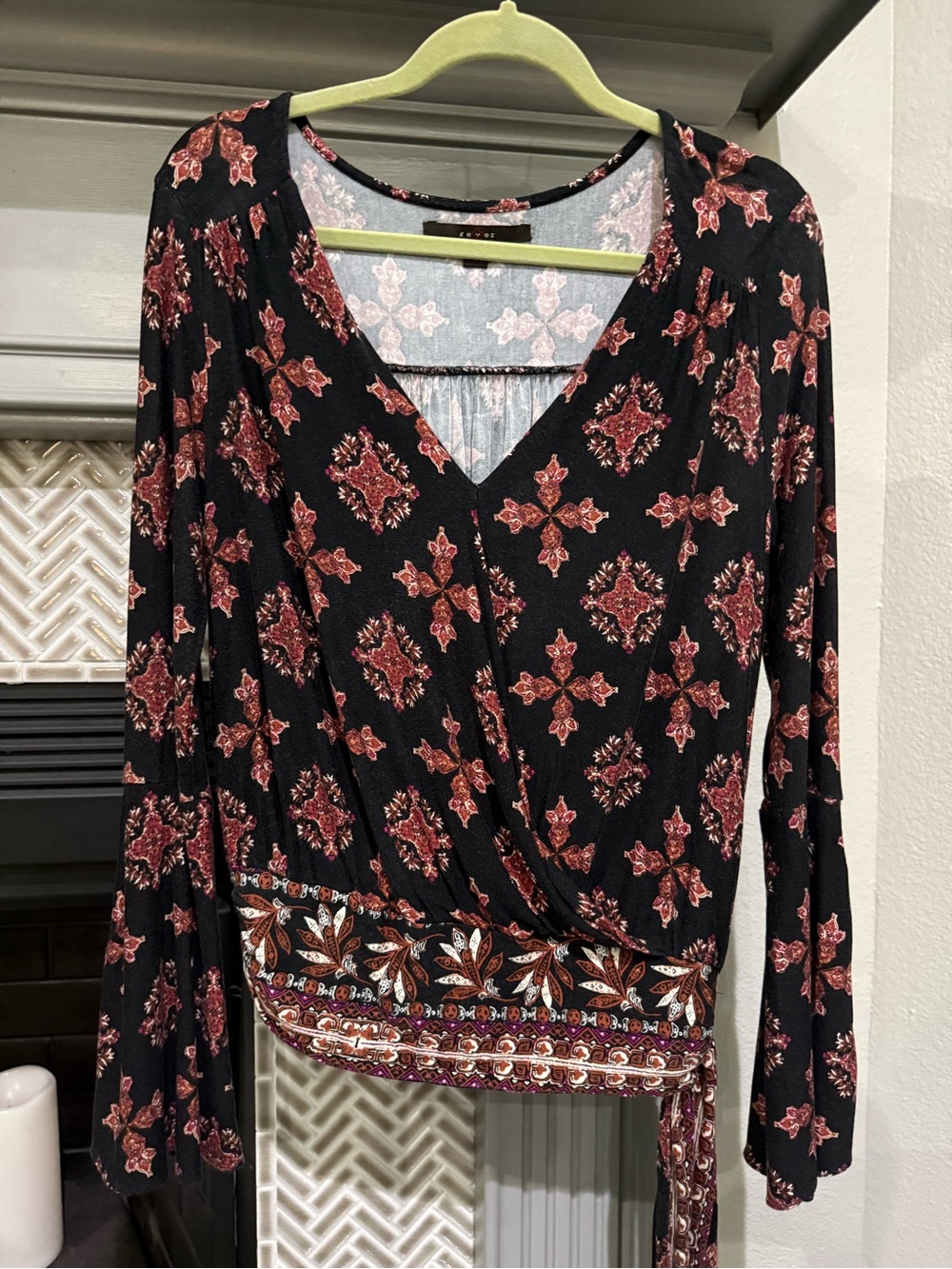 Fever Black Floral Wrap-Style Long Sleeve Top
